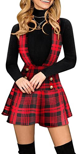 Kariert Trägerrock Damen Hohe Taille Latzrock Kariert Strapsrock Knie Overall Kleider Minirock Rock A-Linie Mini Strapsrock Gothic Plaid Rock Hosenträgerrock Knöpfe Dekor (Red, M)
