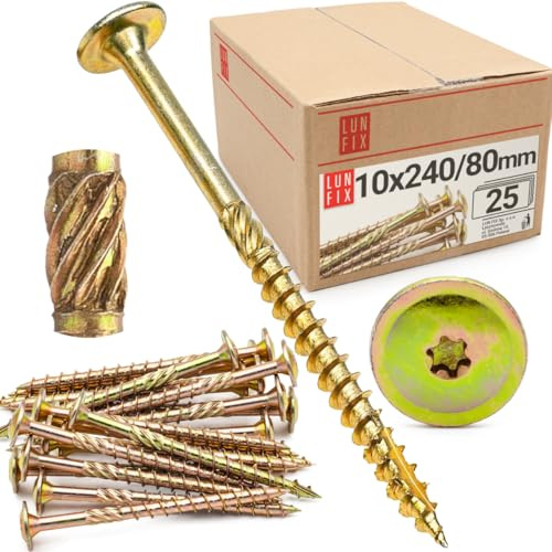 LUN FIX Vis à Bois de Charpente 10x240 mm, 25 pcs, TX40 Tête Plate Large | À Empreinte Torx, En Acier Zingué, Pour Terrasse, Toiture, Panneaux, Chevrons, Pour Constructions en Bois et de Toit