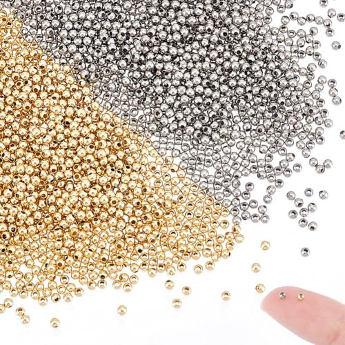 UNICRAFTALE 2000 Stück 2 Farben 2 mm Winzige Runde Quetschperlen Edelstahl Abstandsperlen Klemmenden Runde Perlen Crimps Abstandsperlen Metallperlen Für DIY Armband Halsketten 0.8mm Loch