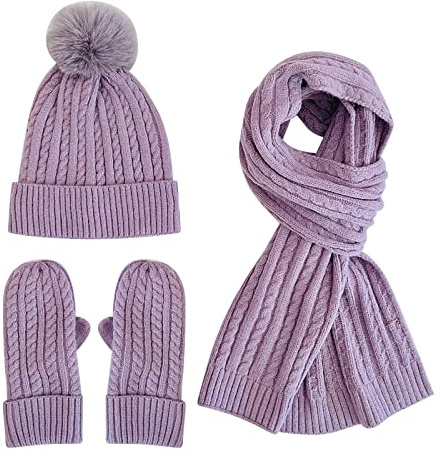 Momolaa Winter Damen Strickmütze Schal Handschuhe Einfarbig Plus Samt Wollmütze Warm Dreiteiliges Set Winter 3-In 1 Mütze Schal Handschuh Beanie Strickmütze Langer Schal Verdickte Und Weiche Wolle