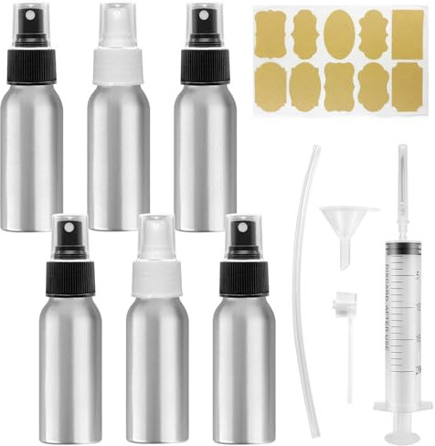 Omsscun 6 Piezas Bote Spray Aluminio, 60ml Bote Spray Pulverizador, Botellas Aerosol VacíO con Accesorios, Botes Spray Vacios, Pulverizador Cristal para Aceites Esenciales,Perfumes, Limpieza