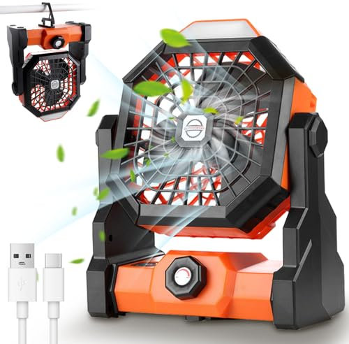 Ledeak Ventilador de Camping con Luz LED y gancho, 270° Giratorio, Velocidad Continua, Batería Recargable Ventilador de Tienda, Portátil Silencioso Ventilador de Escritorio para Picnic Barbacoa