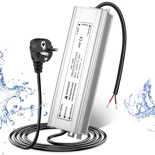 LED Trafo 24V 80W IP67, Outdoor Wasserdicht Transformator mit Stecker, LED Netzteil Treiber 230V auf DC 24 Volt Adapter, LED Driver Außen für LED-Streifen Lampen Strahler Lichtbänder