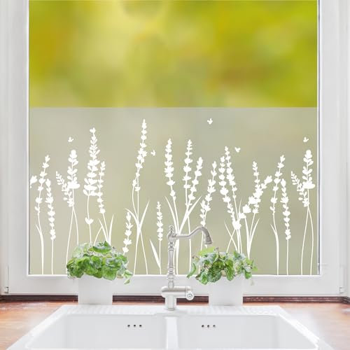 Wandtattoo Loft Sichtschutzfolie Fenster mit Lavendel Motiv, Fensterfolie Blickdicht, Milchglasfolie Fenster, Florale Fensterdeko Selbstklebende Folie, Fenster Dekoration Gräser, Fenster Klebefolie