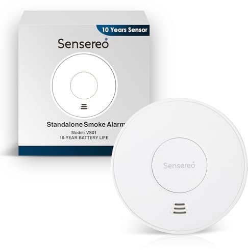 Sensereo Drahtlos vernetzter Rauchmelder, Rauchdetektor, Feuermelder mit 10-Jahres-Batterie & LED-Anzeige, 250 m Übertragungsreichweite, CE EN14604 Zertifiziert (Stand-Alone (1er-Pack))