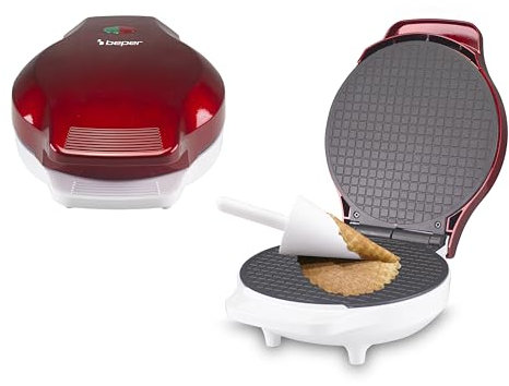 BEPER P101CUD002 Piastra elettrica, 1000 W, Piastra per coni 18cm, Impugnatura termoisolante, Accessorio per coni incluso, Bianco/Rosso