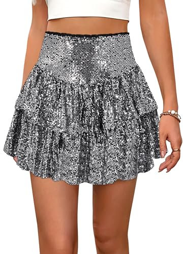 Segreto Damen Metallisch Pailletten Rock A-Linie Hohe Taille Kurz Minirock Dehnbar Party Faltenrock Schwarz Silber