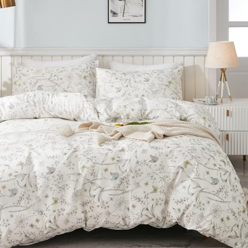 Nayoroom Bettwäsche Baumwolle 135x200 4teilig Weiß Grau Bunt Blümchen Butterfly Blätter Bettwäsche 2 Romantisch Naturmotiv Bettbezüge und 2 Kissenbezüge 80x80 cm mit Reißverschluss