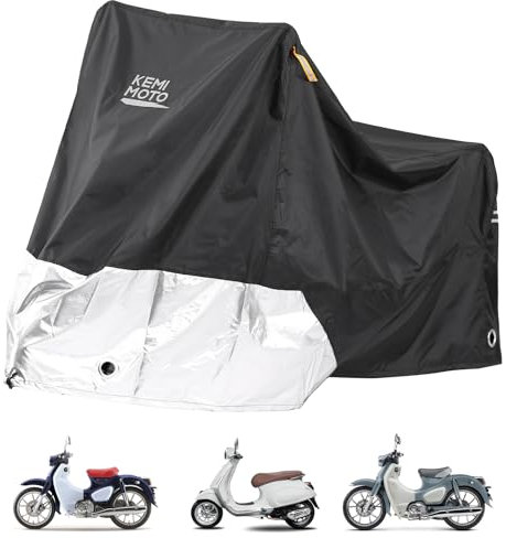 KEMIMOTO Motorrad Abdeckplane, 420D Oxfordstoff Motorradabdeckung Outdoor, Motorrad Plane Wasserdicht Winddicht Staubdicht UV-Schutz, Vespa Abdeckplane, Motorradplane Schwarz Silber 215x110x130cm