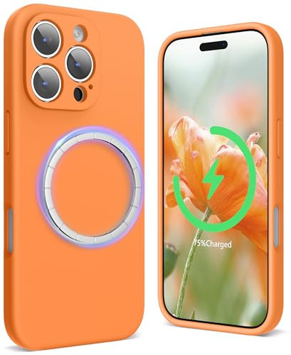 SURPHY Magnetic Design for iPhone 16 Pro Case, Liquid Silicone Protection for Each Lens Shockproof Gel Rubber Phone Case for iPhone 16 Pro 6.3 inch 2024, Marigold Orange