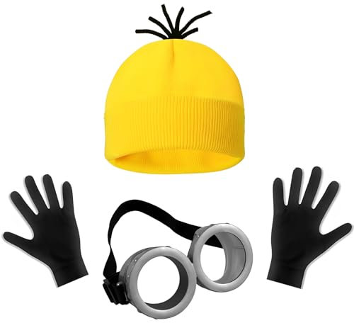 Scinzene 3 Pcs Halloween Kostüme Für Erwachsene Kinder, Gelbe Mütze, Brille, Schwarze Handschuhe Set, Unisex, Einheitsgröße, Cartoon, Minion, Halloween