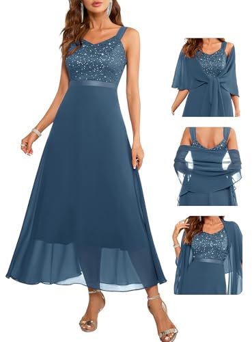 Berylove Damen Ballkleid Lang Cocktailkleid Elegant Für Hochzeit Hellblaues Kleid Pailettenkleid Sommerkleider Kleider Sommer Lang Brautkleid 2XL