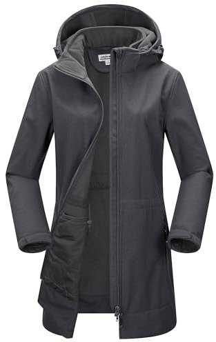 Outdoor Ventures Veste longue softshell pour femme avec capuche doublée en polaire coupe-vent imperméable, gris foncé, 3XL