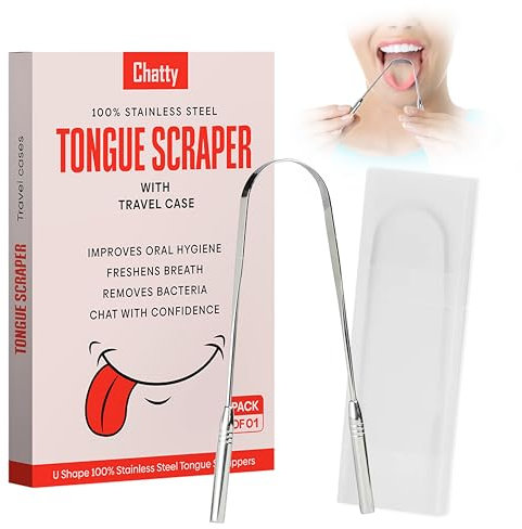 Chatty Premium Stainless Steel Tongue Scraper with Travel Case (Pack of 1), Fresh Breath, Restored Taste, U Shape, Essential Kit, Bad Breath Treatment