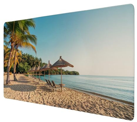 Sandstrand mit Palmen Schreibtischunterlage 89x40cm XXL Mauspad - Tropisches Urlaub Design Meer Liegestühle Sonnenschirme Entspannung für Ihre Arbeitsatmosphäre Foto-Design