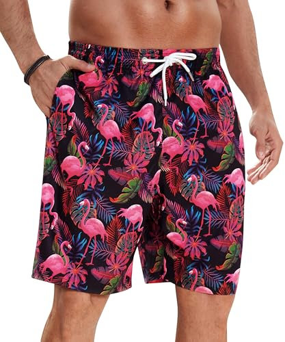 Enlision Short de Bain Homme Plage Surf Séchage Rapide Maillot de Bain Piscine Hawaïen Fuchsia Flamant Imprimé Shorts en Bermuda D'été Natation Vacances Pantalon Court avec Doublure en Filet L