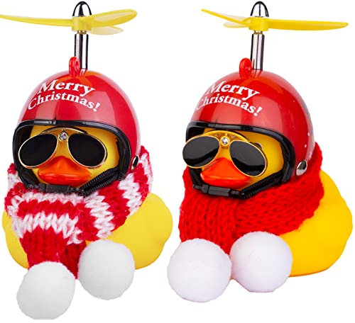 Mwmoeen Weihnachten Gummiente Autodekoration, 2 Stück Gelbe Quietscheente Duck Armaturenbrett Ornamente, mit Weihnachtshut Schal Sonnenbrille, Passend für Auto, Büro, Haus Dekoration