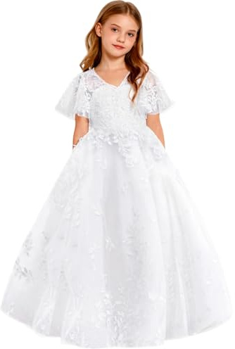 Lace First Communion Dress Ruffle Sleeves Flower Girl Dresses for Wedding Girls Pageant Ball Gown White-8