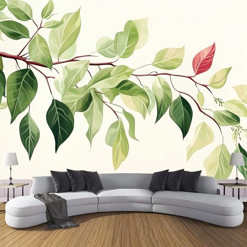3D Fototapete Aquarell Tapete, Grüne Blätter Zweige Panorama-Tapete Für Wohnzimmer, Schlafzimmer, Kinderzimmer, Wanddekoration (352X250Cm (B×H)), Moderne Art Wandtapete