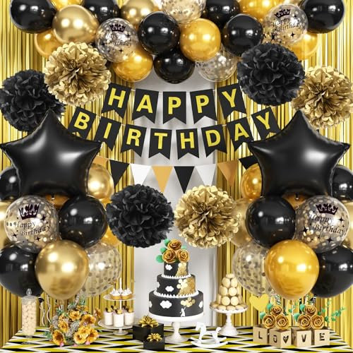 Geburtstagsdeko Schwarz Gold, Geburtstag Deko Schwarz Gold Party Deko mit Luftballons Gold Schwarz Happy Birthday Banner Girlande Pompons Lametta Vorhang für Frauen Mann Geburtstag Party Dekoration