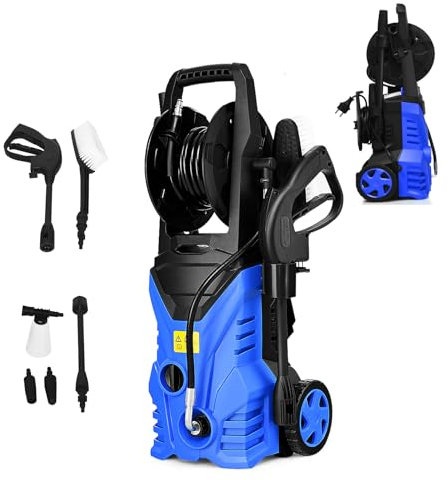 SOARS Hochdruckreiniger, 1500 W, elektrischer Reiniger, 140 bar, 5 l/min, mit Düsen, Wassereinlassanschluss, Waschtopf, Bürste, elektrisches Kabel, 5 m, für Auto, Terrasse, Wand (blau + schwarz)