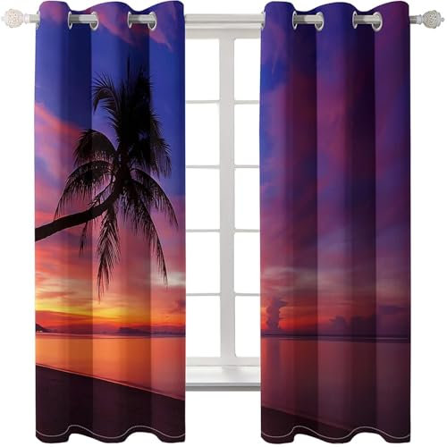 Homxi 2 Panels Wärmeisolierende Vorhänge,2 x 107W x 160H cm,Gardinen mit Ösen Palmen und Sonnenuntergang Orange Blau Lila Gardinen Schlafzimmer