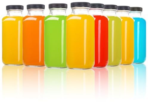 YBCPACK 8 Pack 250ml Square Glass Juice Bottles, Glass Drinking Jars with Lids, Label, Pen, Brush, Clear Smoothie Bottles for Milk, Water, Drinks.(Dishwasher Safe & Leak Proof)
