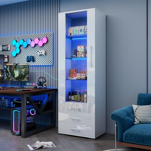Merax Weiß Hochglanzvitrine, Glasvitrine mit LED-Beleuchtung, Vitrine Stehend mit 3 Böden und 3 Schubladen, Hochschrank für Wohnzimmer/Schlafzimmer, Weiß Hochglanzfront, 60x35x180cm