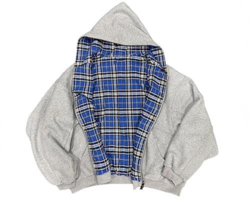 HOHOPEACH Y2k Grunge Plaid Zip Up Hoodie Men Women Reversible Oversized Emo 2000s Graphic Hoodie Fall Baggy Sweatshirts