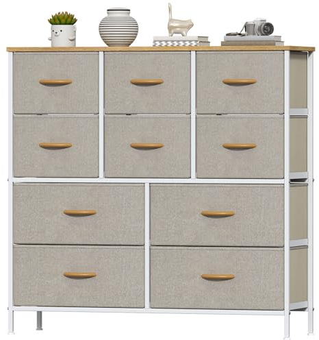 Feonase Chest of Drawers, Bedroom Tall Dresser with 10 Fabric Drawers, Metal Frame & MDF Wood Top, Adjustable Feet, Storage Organizer Unit for Bedroom, Closet, Living Room, Hallway, Khaki