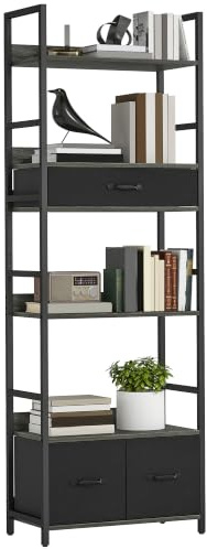 HOMCOM 6-Tier Industrial Bookcase Shelving Unit, 60x30x176 cm, Grey | 4 Shelves, 3 Fabric Drawers, Wide Storage Rack, Plant Stand, for Living Room Home Office Bedroom
