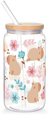 Dermalyx Vaso de Vidrio de 470ML con Tapa y Pajita, diseño de Capibara y Flores, Vaso para Bebidas con temática Animal para café, Leche, Jugo, Vaso para Smoothies, Copa