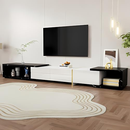 TV Schrank mit Variabler Länge (140-260 cm) weißem Hochglanz Matt-Finish lowboard mit drehbarer Funktion schwarzer Marmoroptik Fernseher Schrank für Wohnräume Schlafzimmer