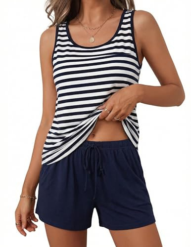 Litherday Women's Pyjamas Sets Sleeveless Cotton Tank Top with Shorts Cami Summer Pjs Set for Ladies Sleepwear Nightwear With Pocket