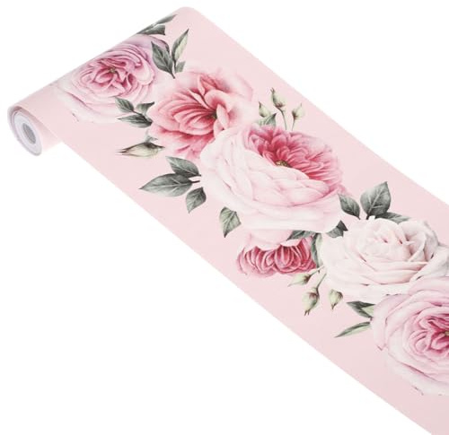 Hemobllo Floral Wallpaper Border Peel and Stick, 15cm x 300cm Embossed Self-Adhesive Wall Sticker, Waterproof Decorative Border for Kitchen Bathroom Bedroom Living Room, Pink Rose Pattern