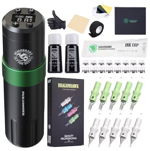 Dragonhawk Tattoo Maschine Set Rotary kabellose Tätowiermaschine Pen Tattoo Gun mit 1500mAh Batterie 3.5mm Stroke Length 20 pcs Tattoo Cartridges Nadeln komplett für Tattoo Anfänger
