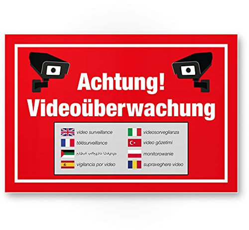 Advertencia Cartel de videovigilancia (Rojo, 30 x 20 cm) – Atención/Vorsicht Videovigilancia Cartel vídeo mediante wacht – cartel de nota/nota nota Plurilingüe/idiomas