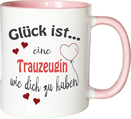 WarmherzIch Becher Tasse Glück ist…Trauzeugin Kaffee Kaffeetasse liebevoll Bedruckt BFF Beste Freundin Hochzeit Weiß-Rosa