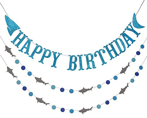 Shark Happy Birthday Banner und Hai Girlanden, Ocean Beach Under The Sea Theme Party, Shark Party Supplies (Blau)