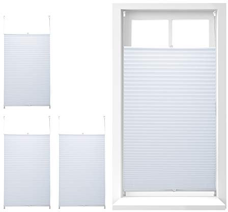 4 x Plissee Rollo ohne Bohren, Klemmfix zum Kleben, Faltrollo lichtdurchlässig, Faltstore weiß, BxH: 90 x 210 cm