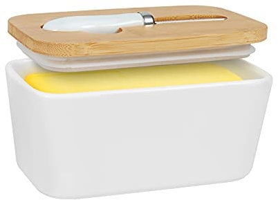 Large Butter Dish, Airtight Butter Keeper Butter Container, Porcelain Butter Keeper Container with Seal Ring 650ml White