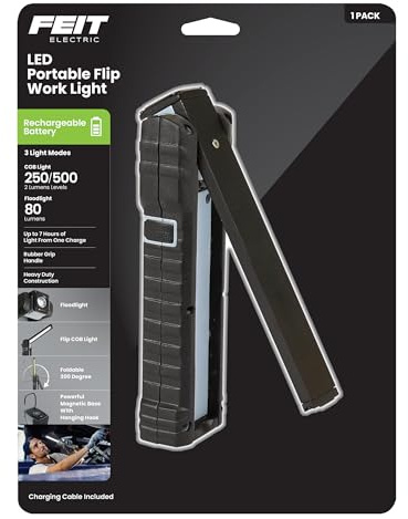 Feit Electric Linterna LED de trabajo, negro/gris | WORK500BAT Linterna de mano, luz diurna de 6500 K, plegable, gancho para colgar, 200/500 lúmenes, portátil