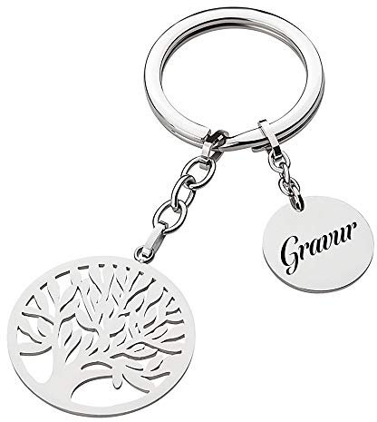Schlüsselanhänger mit Lebensbaum und eigener Gravur/Text/Namen/Edelstahl/Baum/Gravur auf Vorderseite & Rückseite möglich