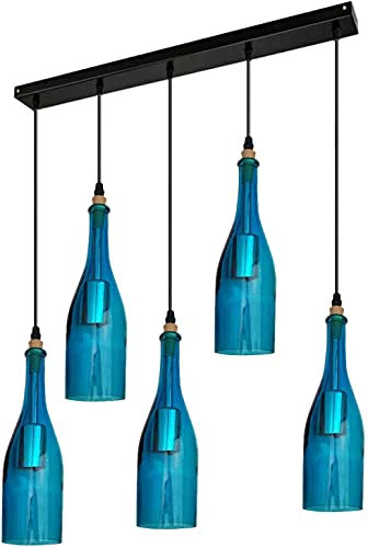 DC VOLTAGE 5 Heads Wine Bottle Glass Pendant Light 30cm E27 Base Blue Creative Light Fixture Adjustable Hanging Cable for Cafe Restaurant Kitchen Dining Bar Hotel