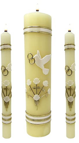 Needzo Unity Kerzen-Set für Hochzeiten, Herzstück Hochzeitskerzen mit goldfarbenen Akzenttauben und Ringen, symbolische Hochzeitszeremonie-Dekorationen (3 Stück)