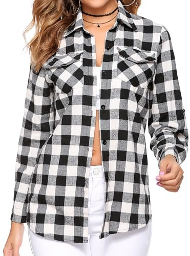 Aottori Karierte Bluse Damen Hemd Baumwolle Kariertes Karohemd Button-down Flanellhemd Holzfällerhemd Boyfriend Langarmshirt Hemdbluse Plaid Shirt Tunika Tops Schwarz-Weiss 2 S
