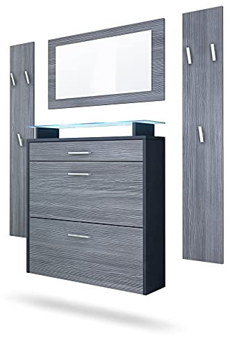 Vladon Garderobe Malea, Garderobenset bestehend aus 1 Hängeschuhschrank, 1 Wandspiegel und 2 Garderobenpaneele, Anthrazit matt/Avola-Anthrazit, inkl. LED-Beleuchtung blau
