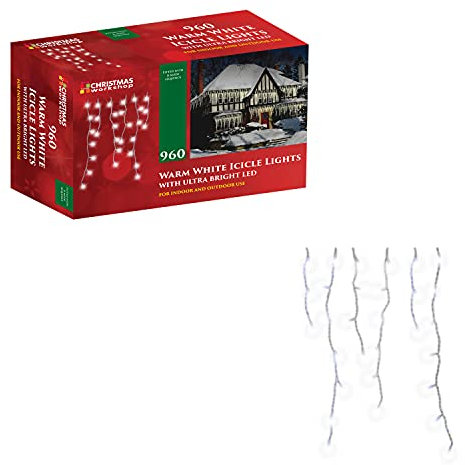 The Christmas Workshop Warm White Icicle LED Christmas Lights/Mains Powered with 8 Functions/Indoor or Outdoor Fairy Lights for Home, Weddings and Gardens (960)