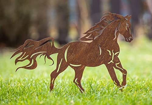Dekofigur Pferd trabend auf Standplatte im Rost Design - Rostfigur für den Garten, Gartendeko, Metalldeko, Terrassendeko