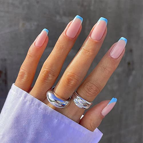 Sethexy Faux Ongles Français Carré Court Ongles a coller Bleu Capsules Ongles Brillant 24 pièces Acrylique Ongles pour les femmes et les filles